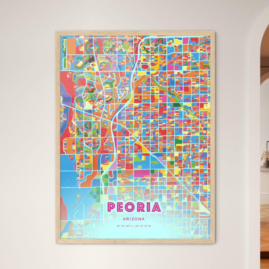 Peoria Arizona Vibrant Crazy Colorful Mosaic City Map Poster