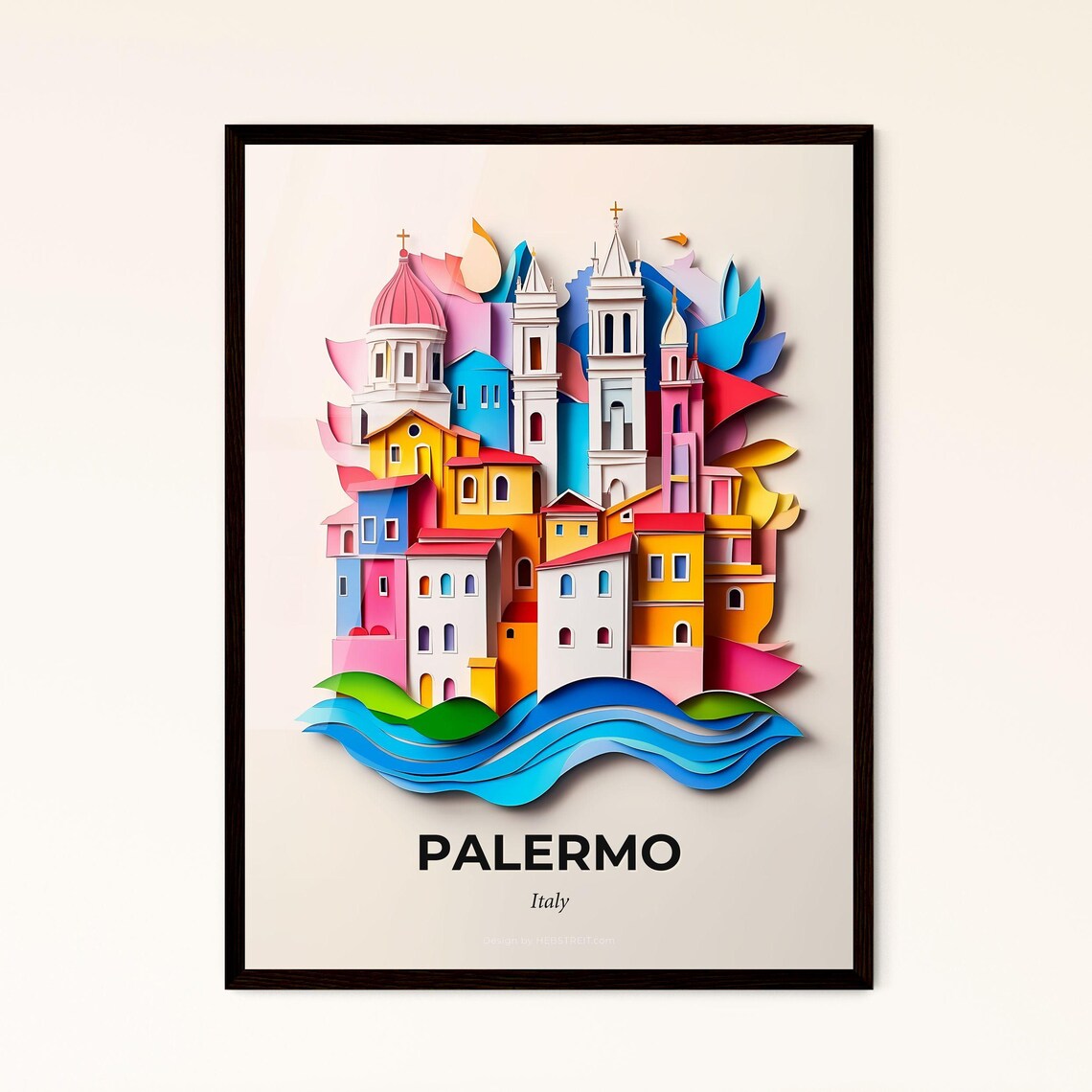 Palermo Italy Colorful Papercut Waterfront City Travel Poster