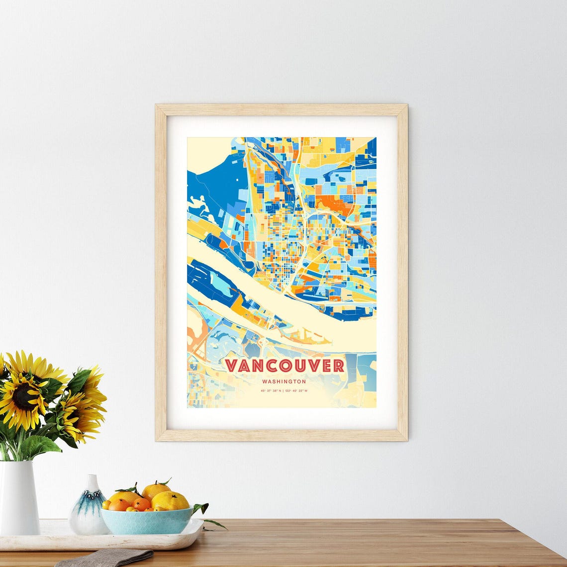 Vancouver Washington Vibrant Blue Orange City Map Art Poster - Image 2