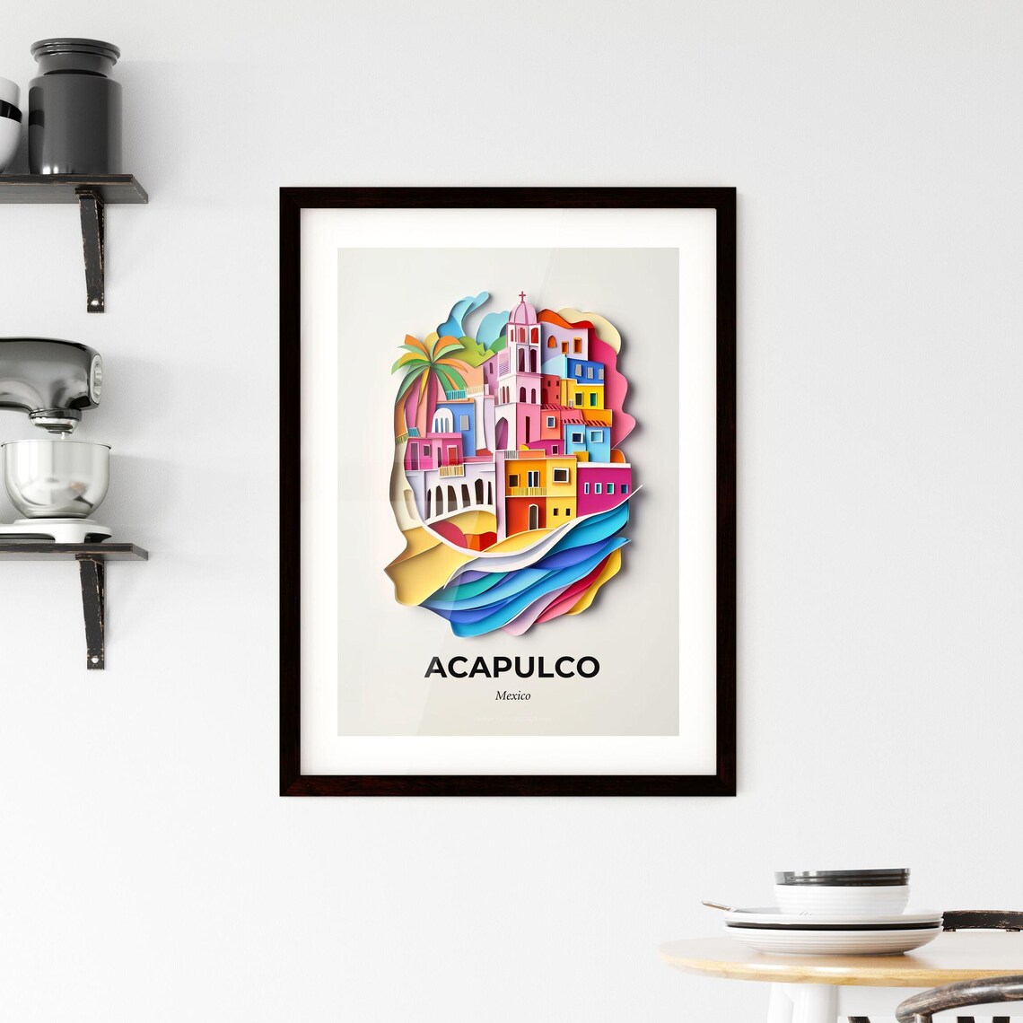 Acapulco Mexico Church Bay Waves Colorful Paper Cut Art Poster - Image 2