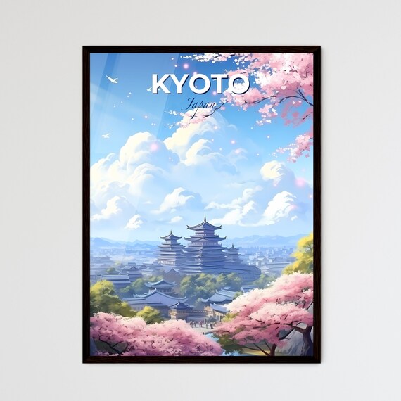 Kyoto Japan Travel Poster Cherry Blossom Pagoda Temple Skyline Art