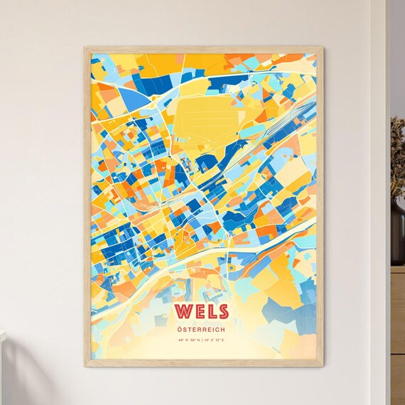 Wels Österreich Colorful Blue Orange Map Art Poster Wall Decor