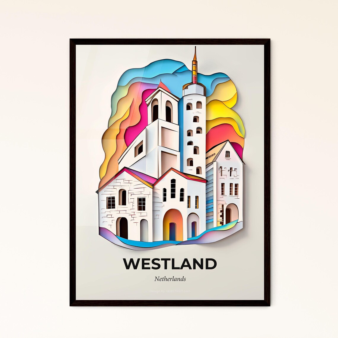 Westland Netherlands Colorful Paper Cut Church Skyline Travel Poster