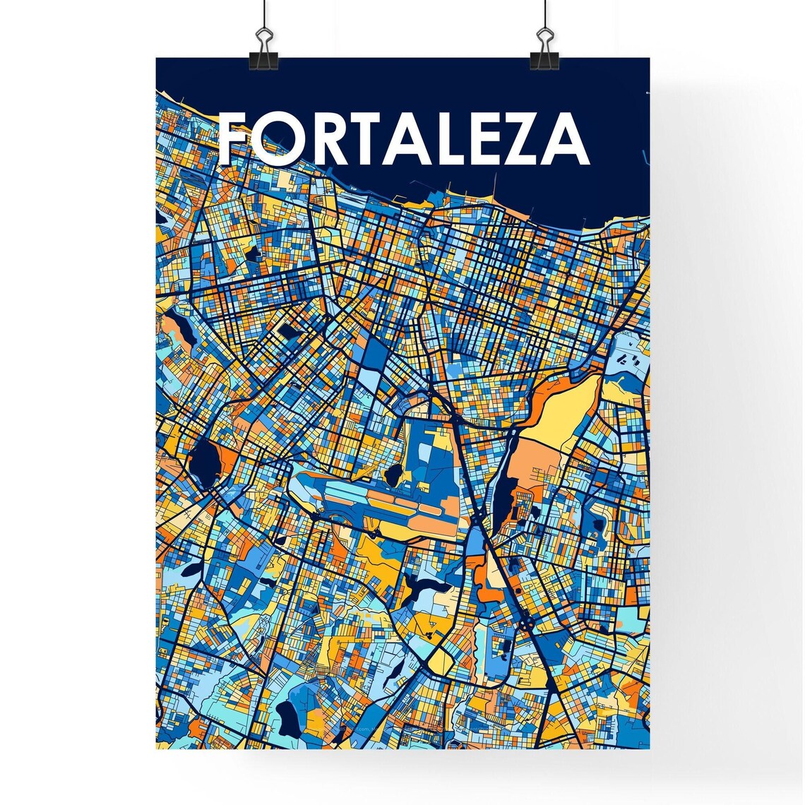 Fortaleza Brazil Stylish Vibrant Blue and Orange Mosaic City Map Poster - Image 4