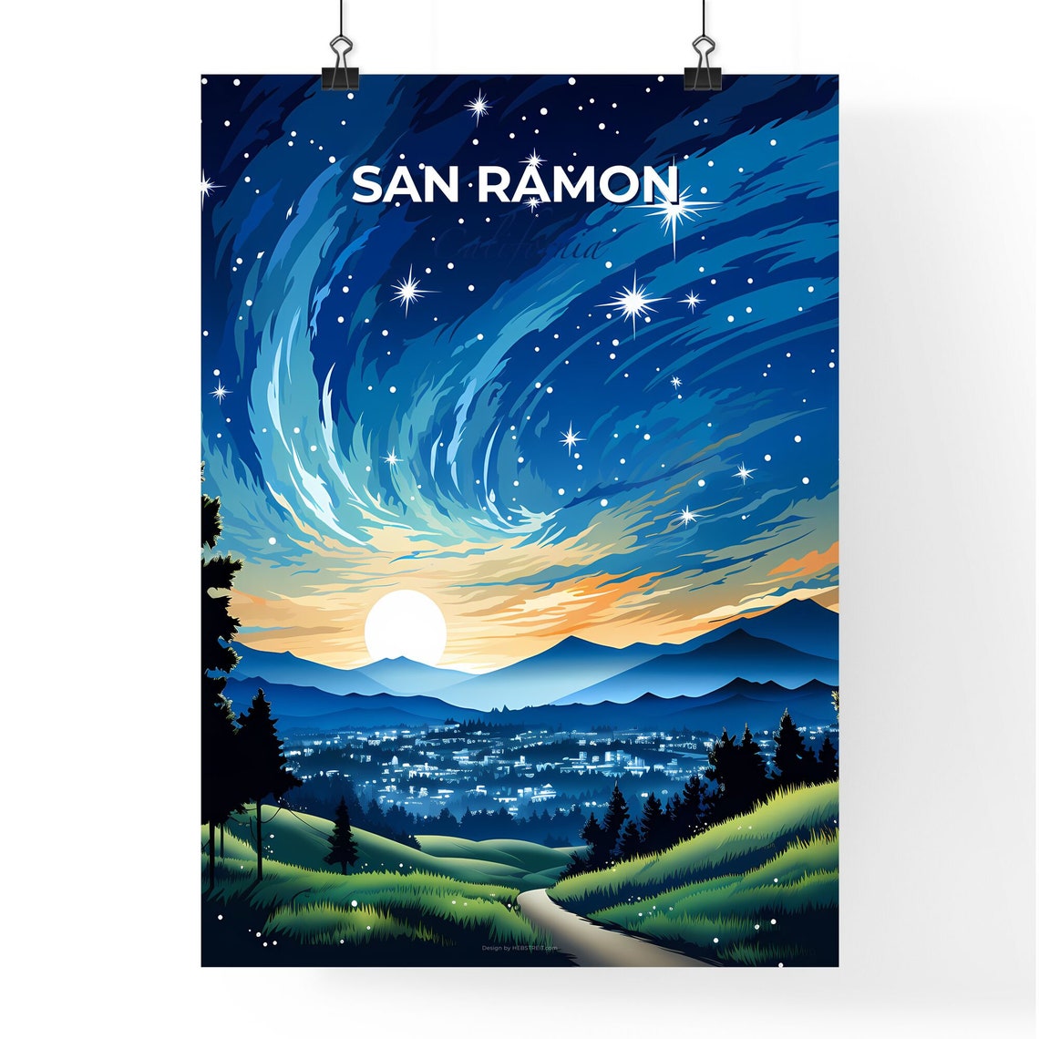 San Ramon California Starry Night Hills Moonlight Travel Poster - Image 4