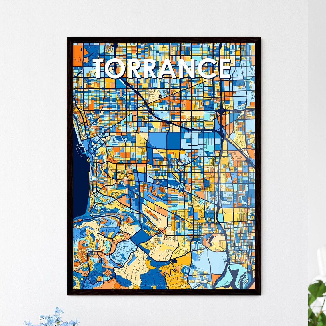 Torrance California Stylish Vibrant Blue and Orange Mosaic City Map Poster