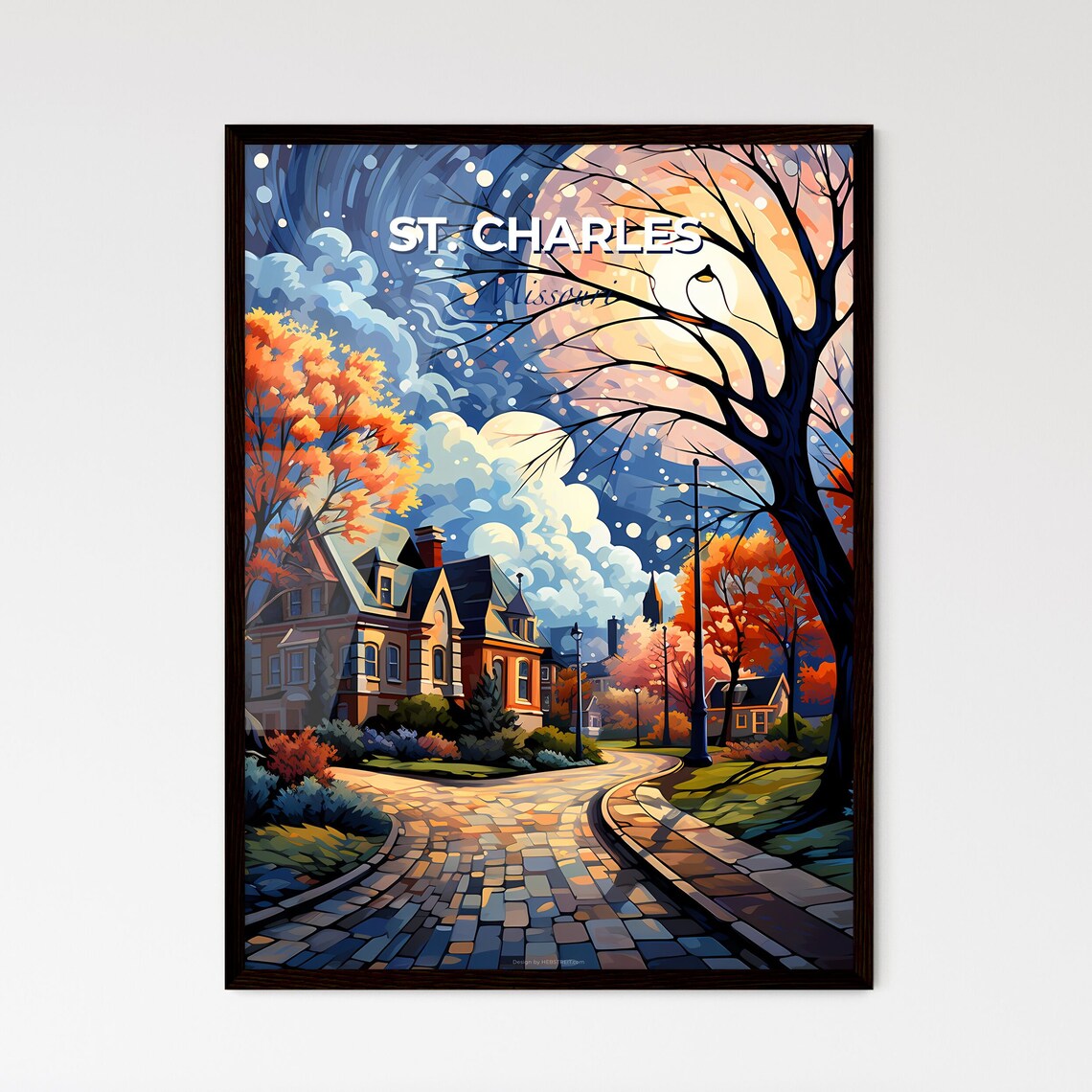 St Charles Missouri Autumn Moonlit Cobblestone Street Poster