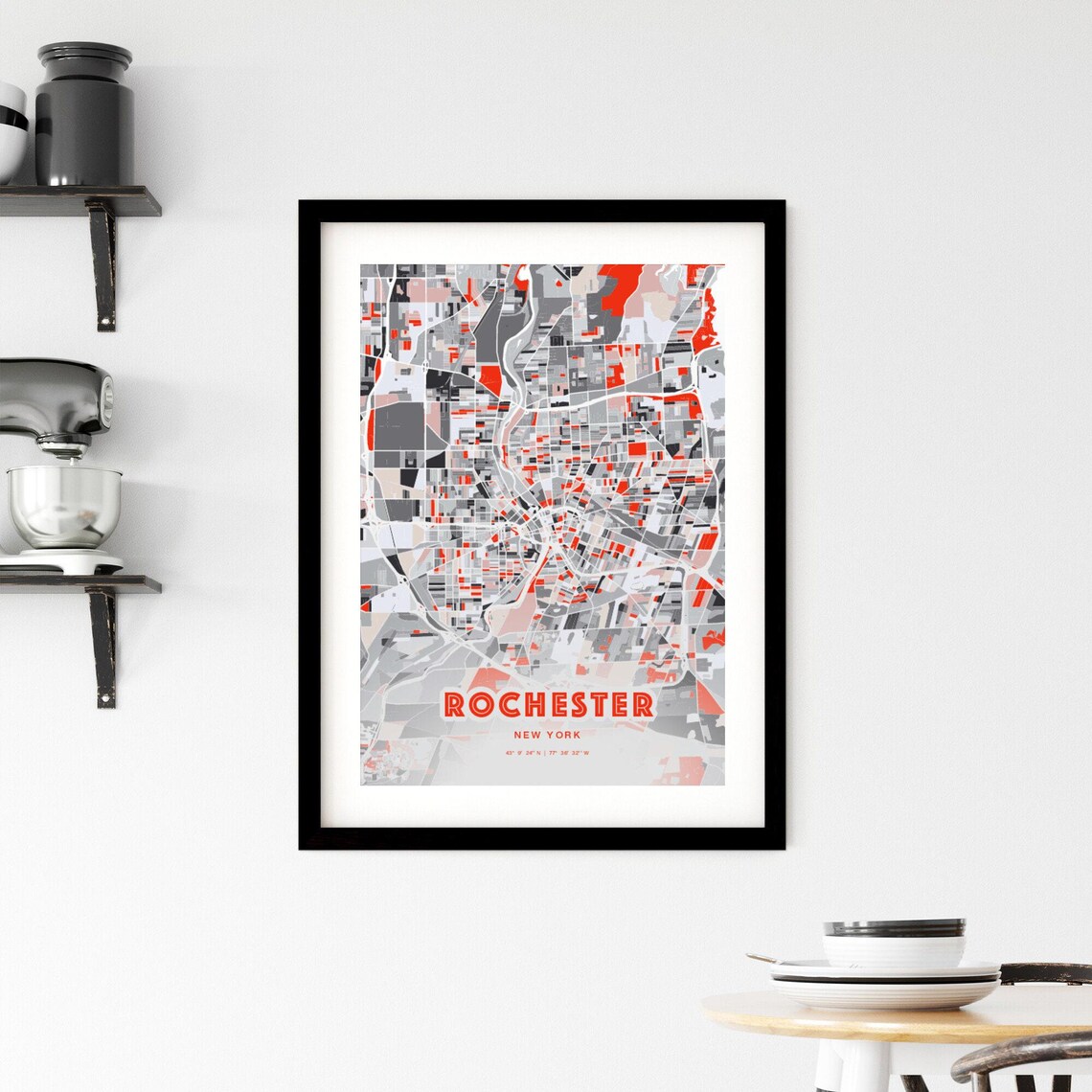 Rochester New York Modern Red Gray City Map Art Poster Decor - Image 2
