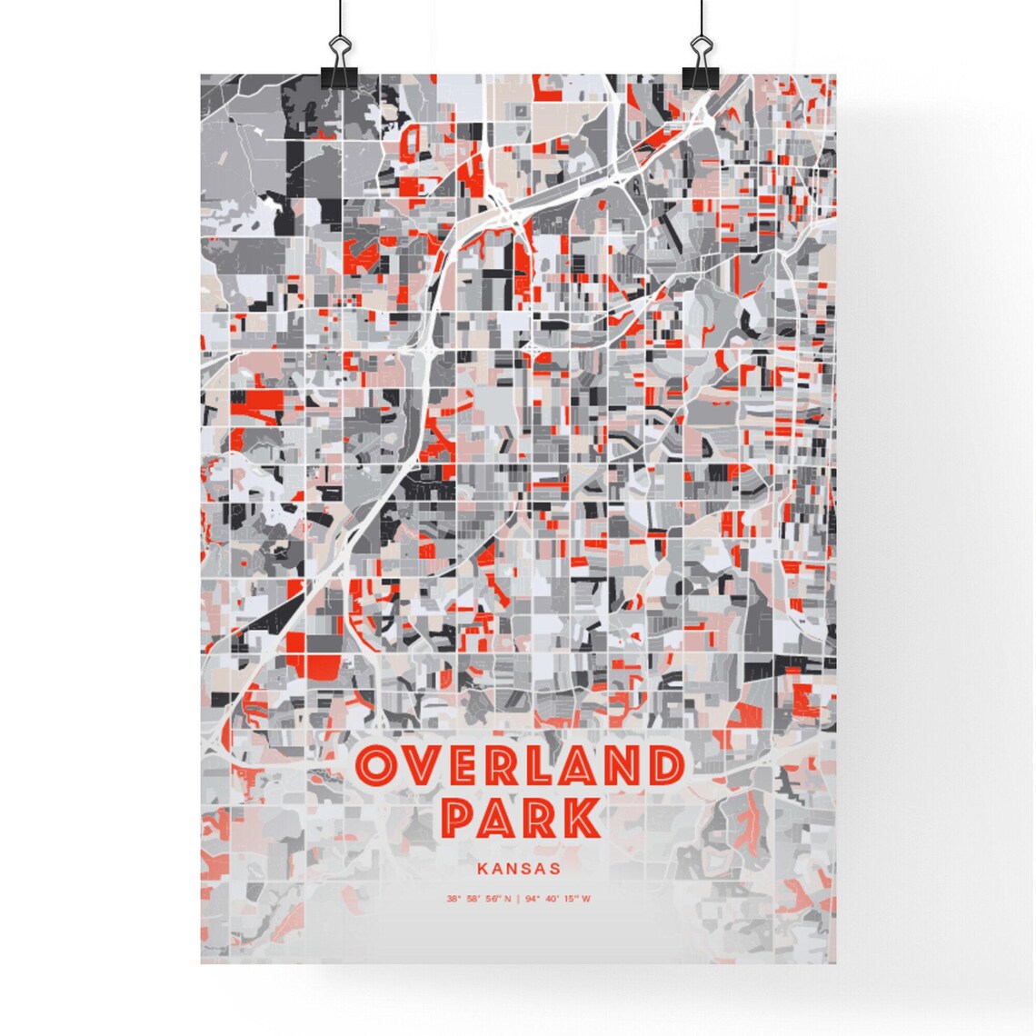 Overland Park Kansas Expressive Red Abstract City Map Art Poster - Image 3