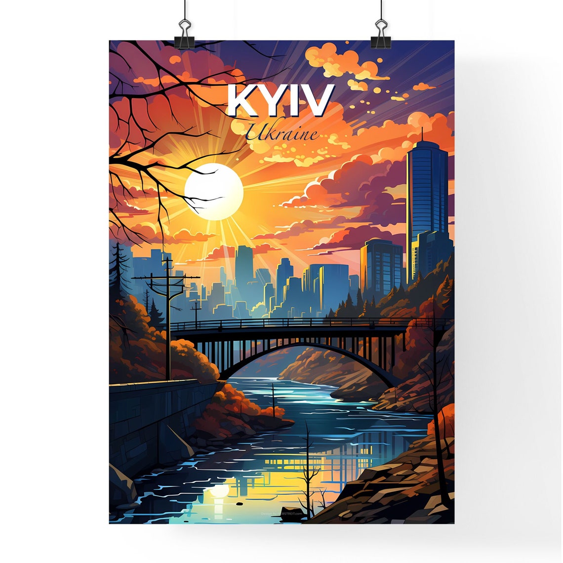 Kyiv Ukraine Sunset River Bridge Skyline Fiery Sky Art Poster - Image 4