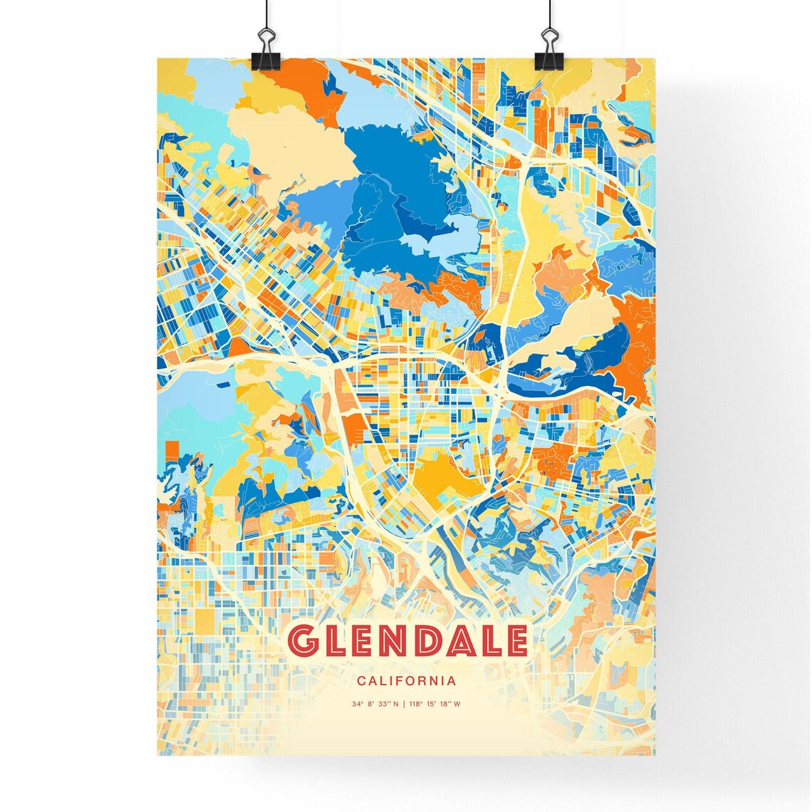Glendale California Colorful Blue Orange City Street Map Art Poster - Image 3