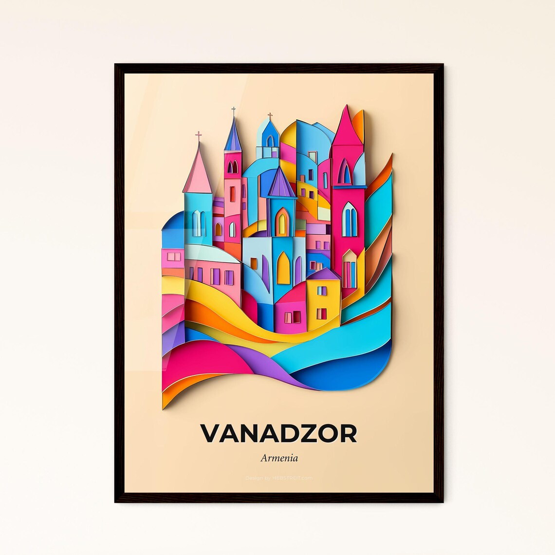 Vanadzor Armenia Colorful Churches Waves Paper Cut Art Poster