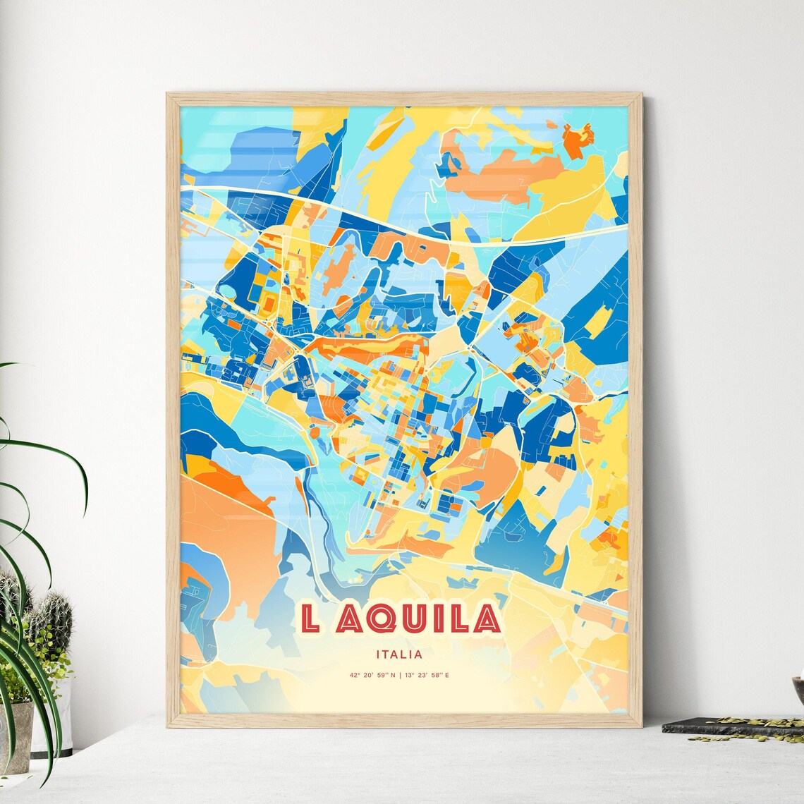 L Aquila Italy Colorful Blue and Orange Street Map City Art Poster