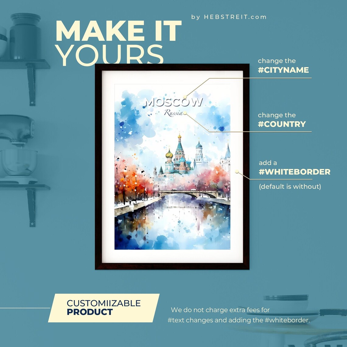 Moscow Russia Watercolor Travel Poster St Basil Cathedral Bridge River Art - Image 2