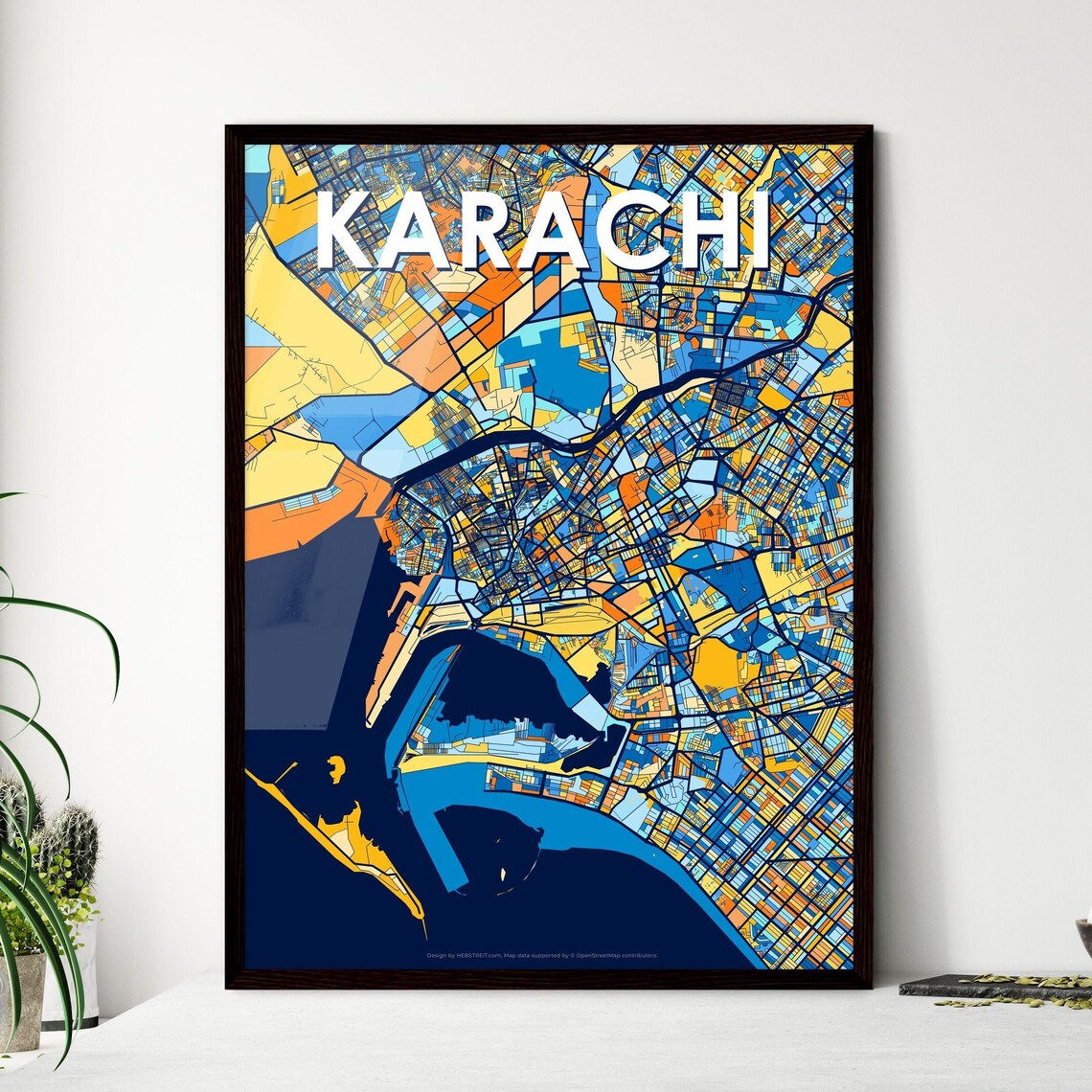 Karachi Pakistan Bold Dark Blue Orange City Street Map Art Poster