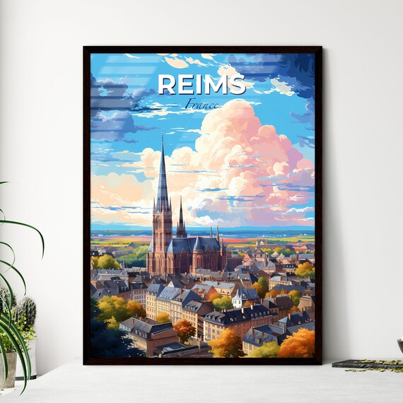 Reims France Gothic Cathedral above the Autumn Rooftops Poster