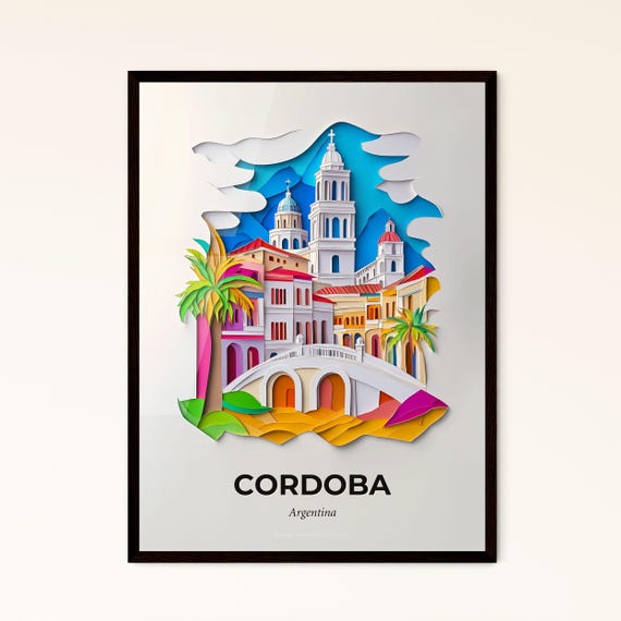 Vivid Cordoba Argentina A Paper Cut Of A City With A Bridge Fine Art Print Customizable