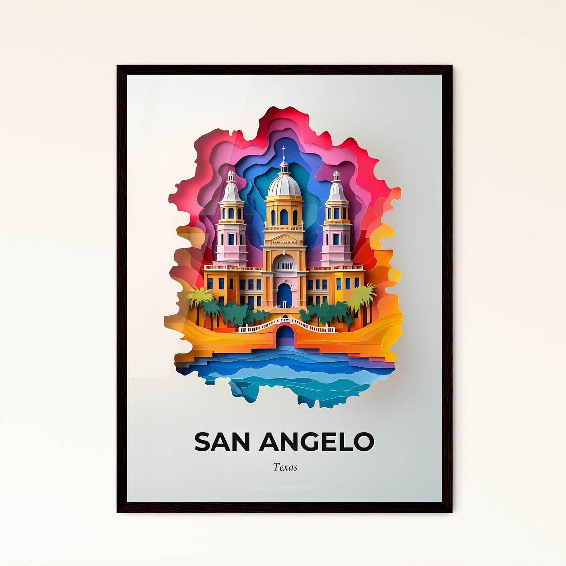 San Angelo Texas Colorful Paper Cut Historic Building Travel Poster