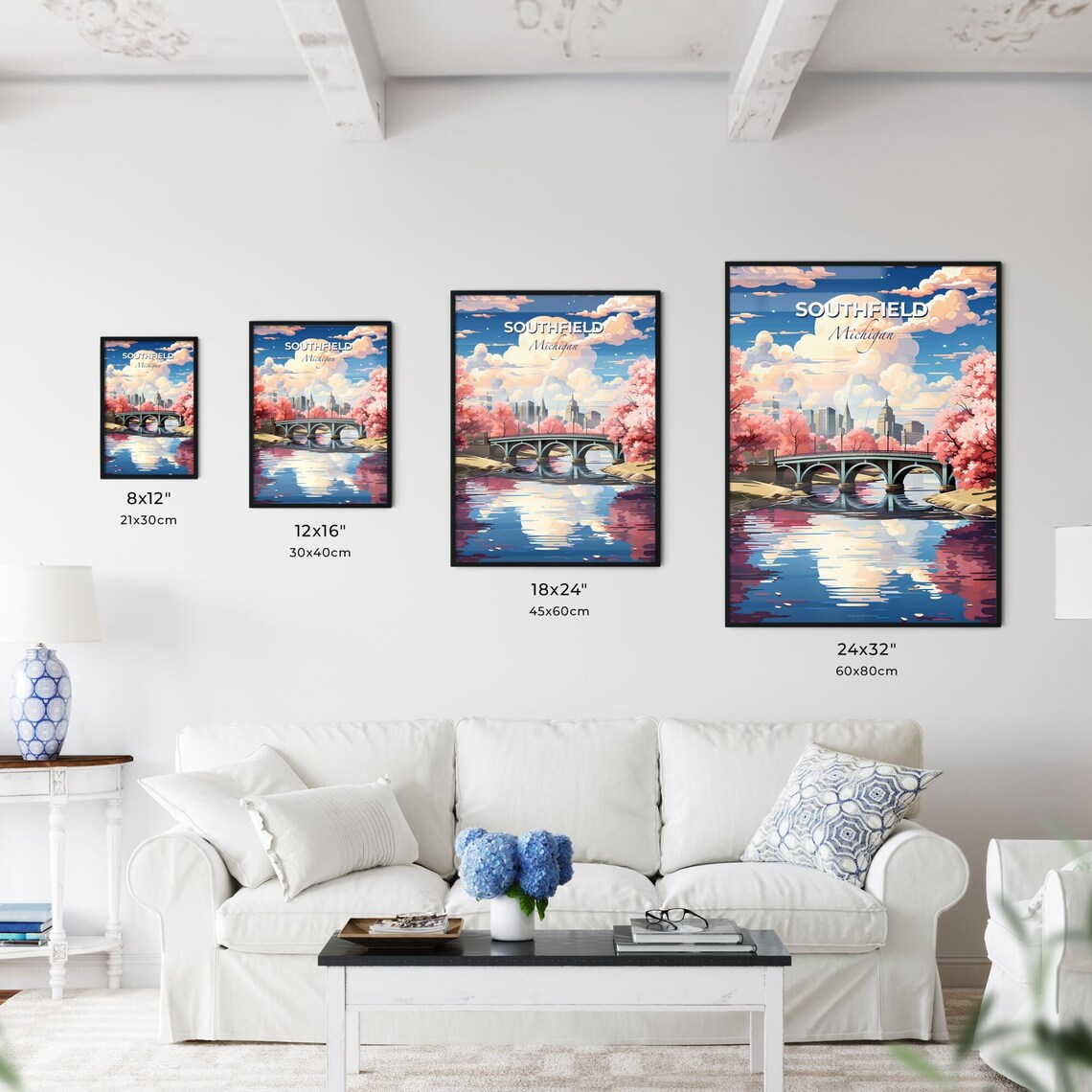Southfield Michigan Spring Blossom River Bridge Skyline Poster - Image 3