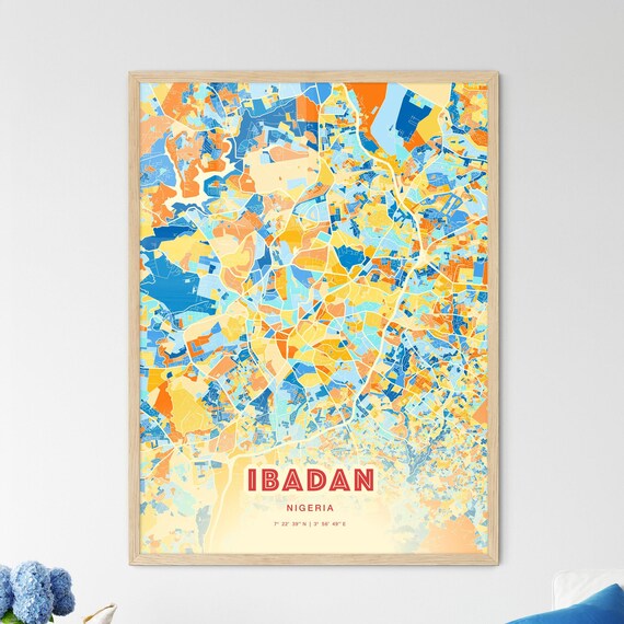 Ibadan Nigeria Blue Orange City Map With Coordinates Art Poster