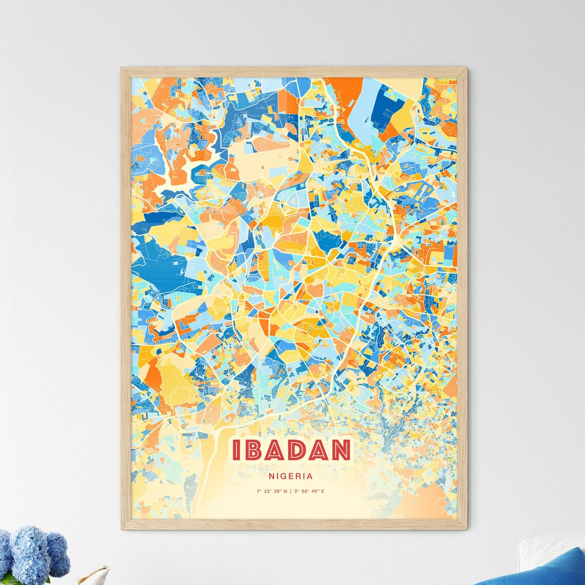 Ibadan Nigeria Blue Orange City Map With Coordinates Art Poster
