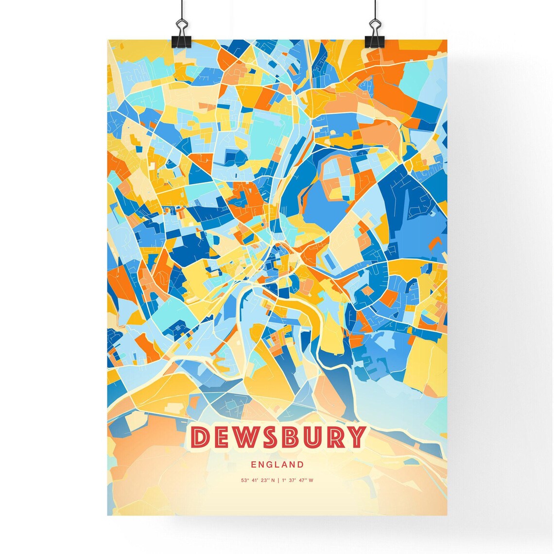 Dewsbury England Colorful Blue and Orange Retro City Street Map Wall Art - Image 3