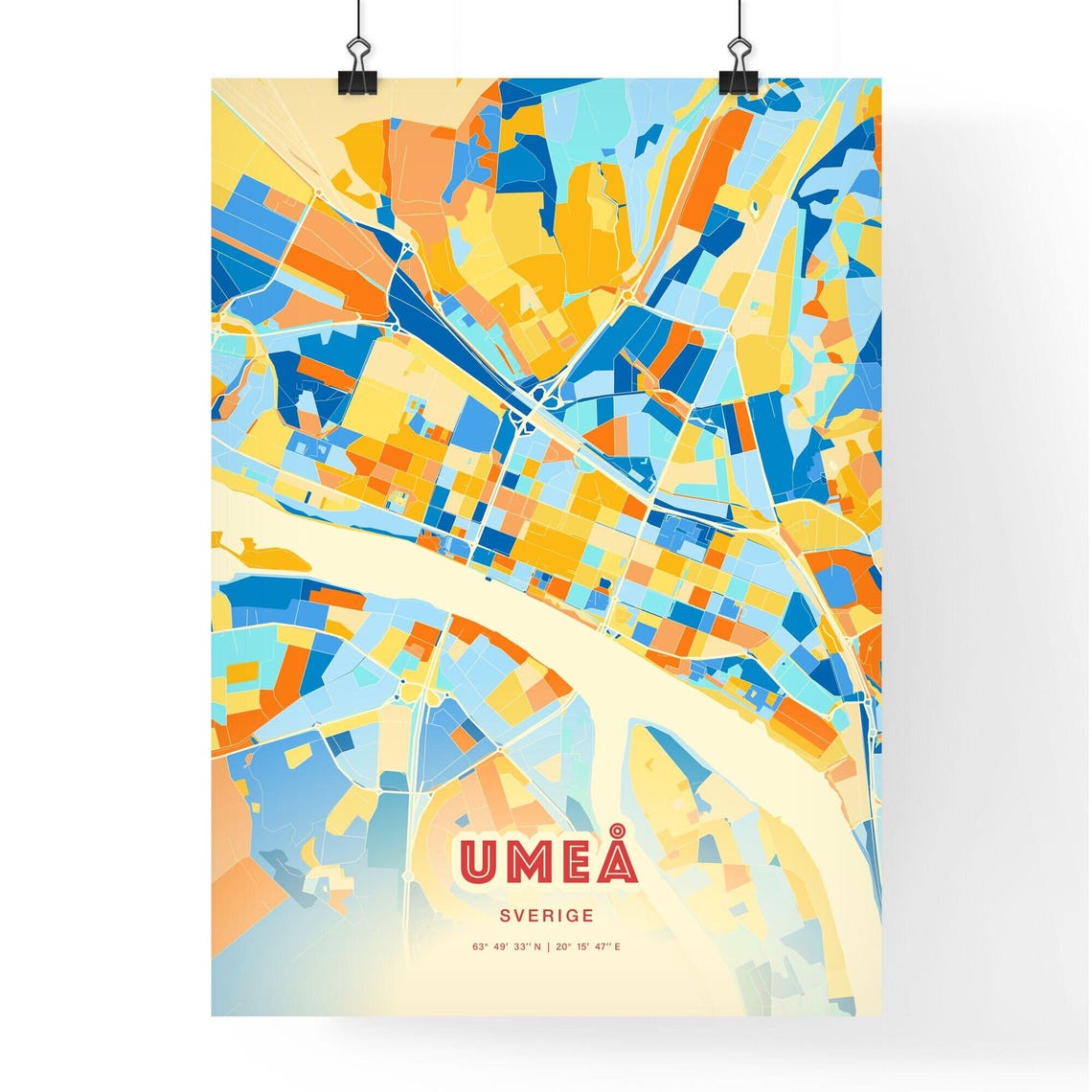 Umea Sweden Blue Orange Colorful City Map Art Poster With Coordinates - Image 3