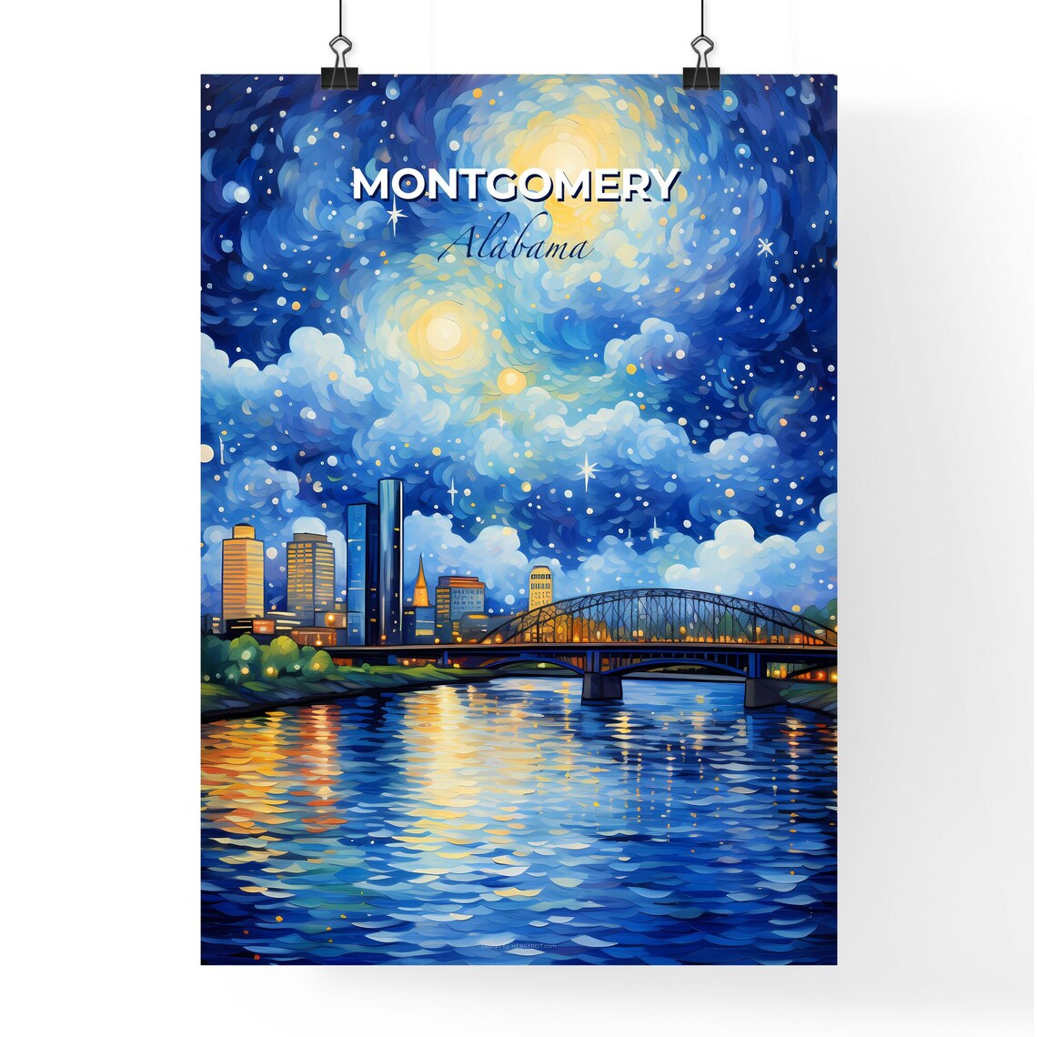 Montgomery Alabama Starry Night River Bridge Skyline Travel Poster - Image 4