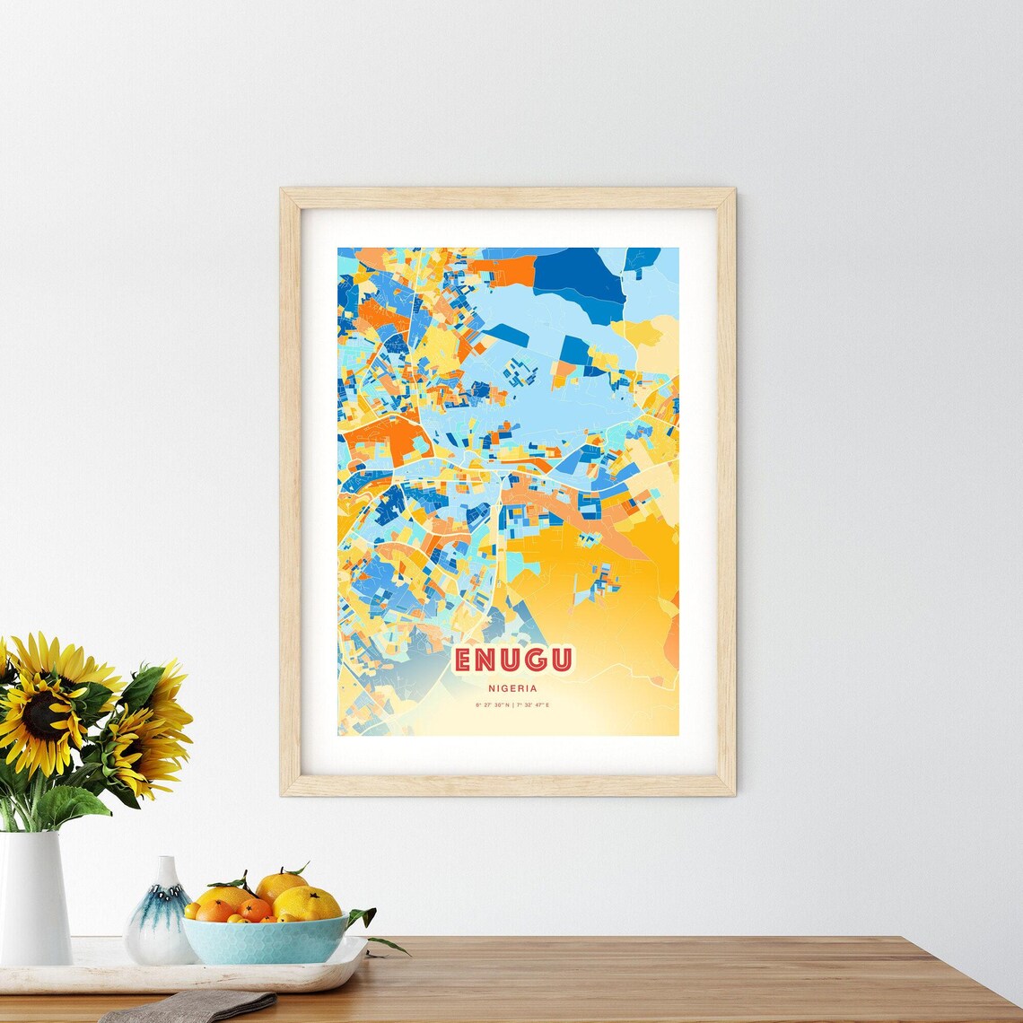 Enugu Nigeria Colorful Modern City Map Art Blue Orange Geometric Map Poster - Image 2