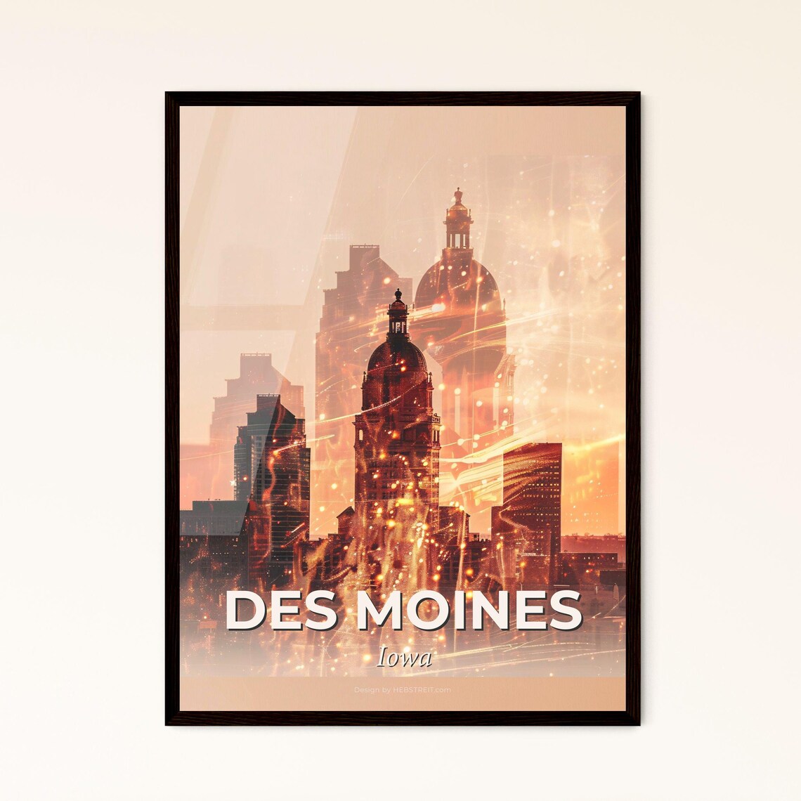 Des Moines Iowa Golden Hour Skyline Domed Landmarks Art Poster