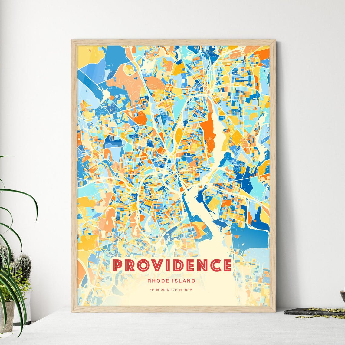 Providence Rhode Island Vibrant Blue Orange Mosaic City Map Poster
