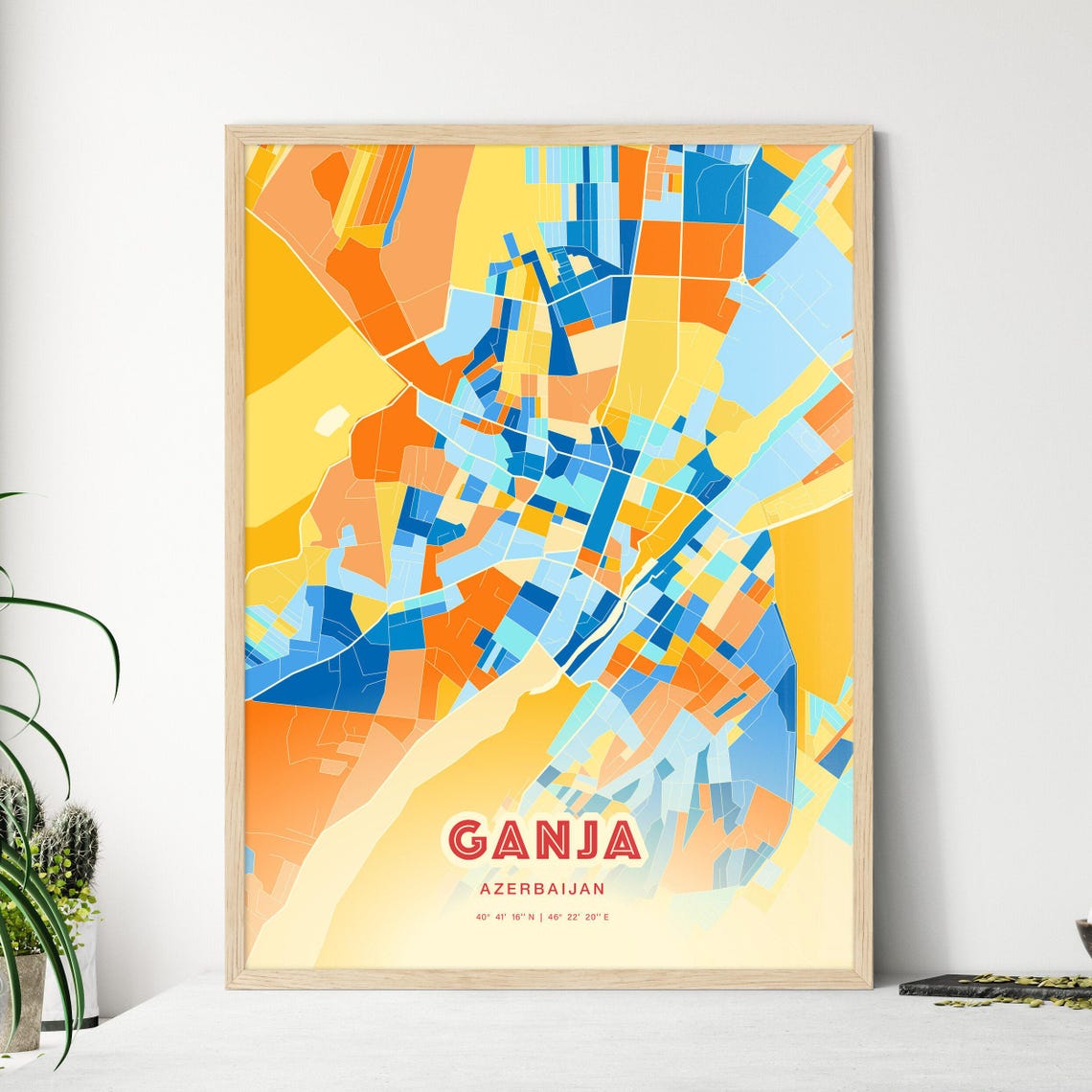 Ganja Azerbaijan Colorful Blue Orange City Map Retro Art Print