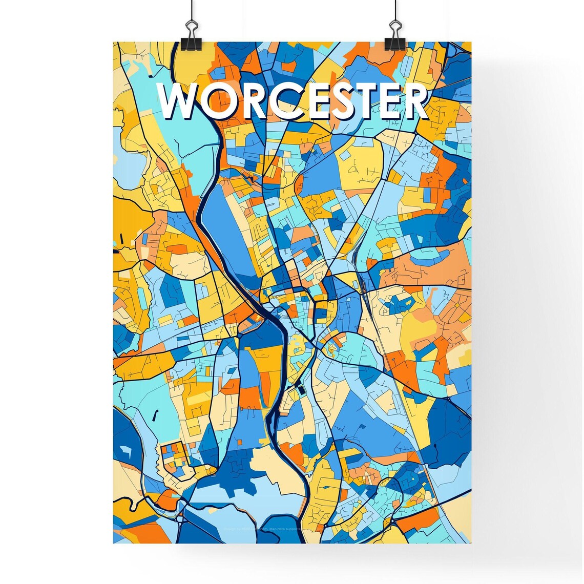 Worcester England Stylish Vibrant Blue and Orange Mosaic City Map Poster - Image 4
