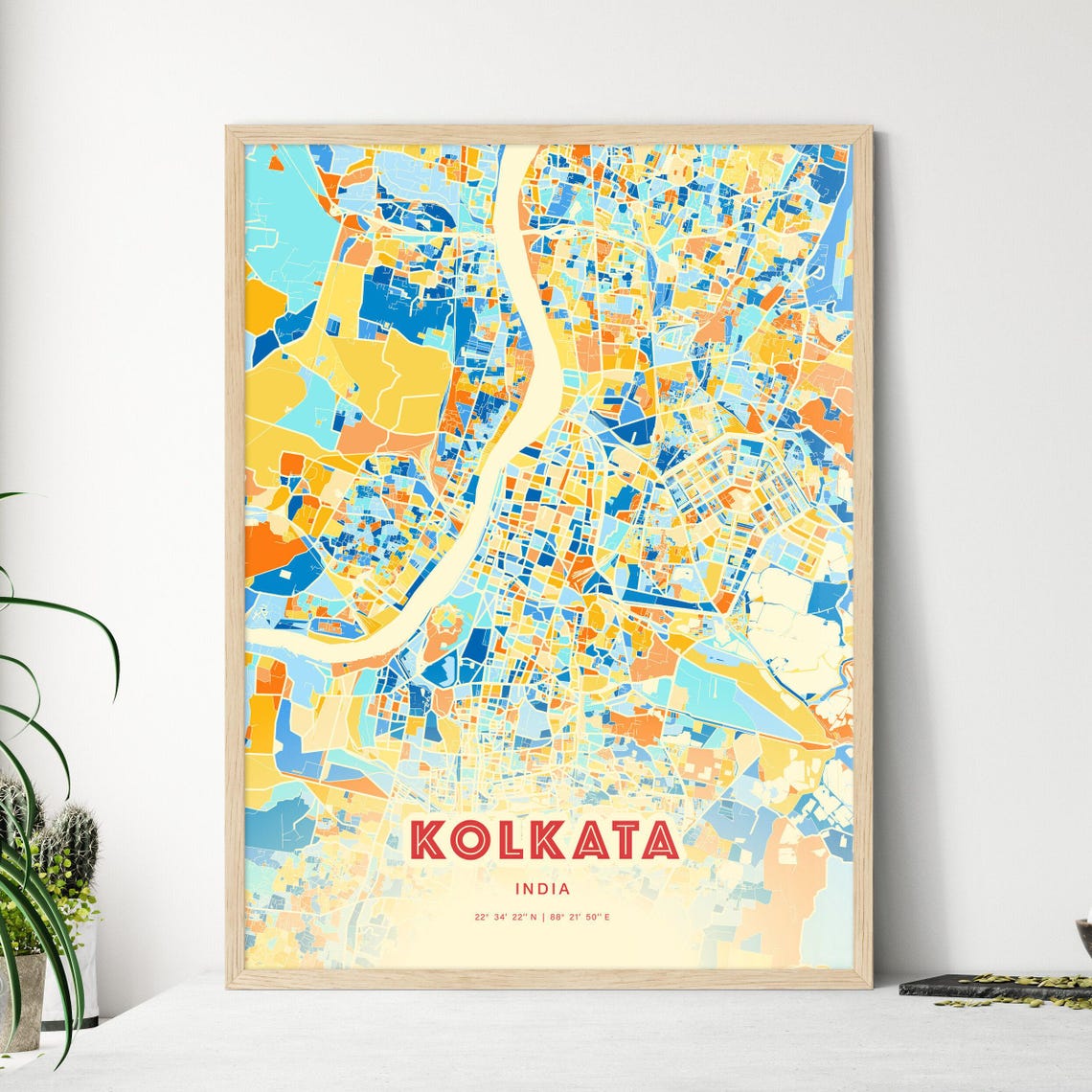 Kolkata India Bold Vibrant Blue Orange Mosaic City Map Poster