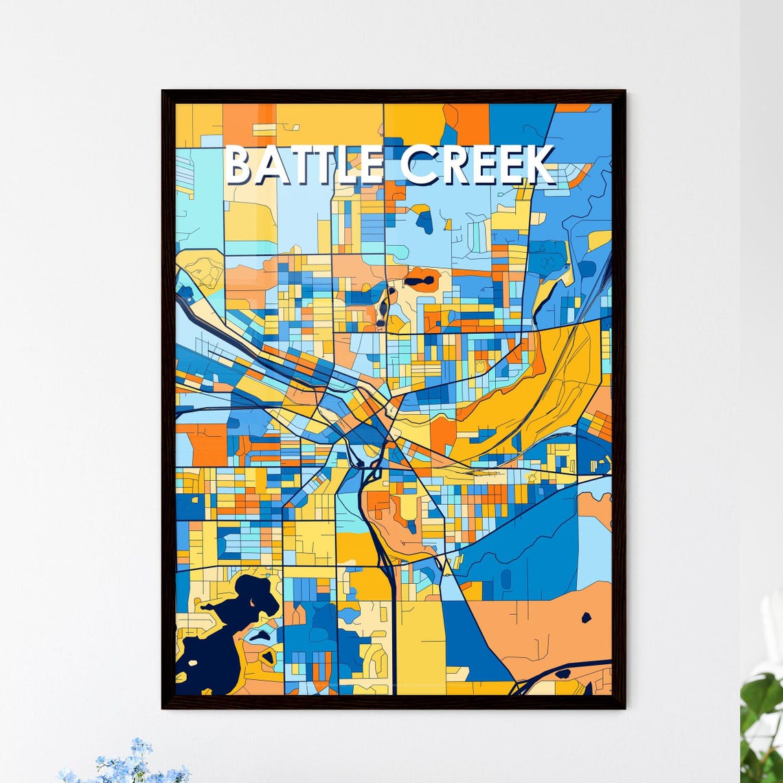Battle Creek Michigan Vibrant Blue and Orange City Map Poster