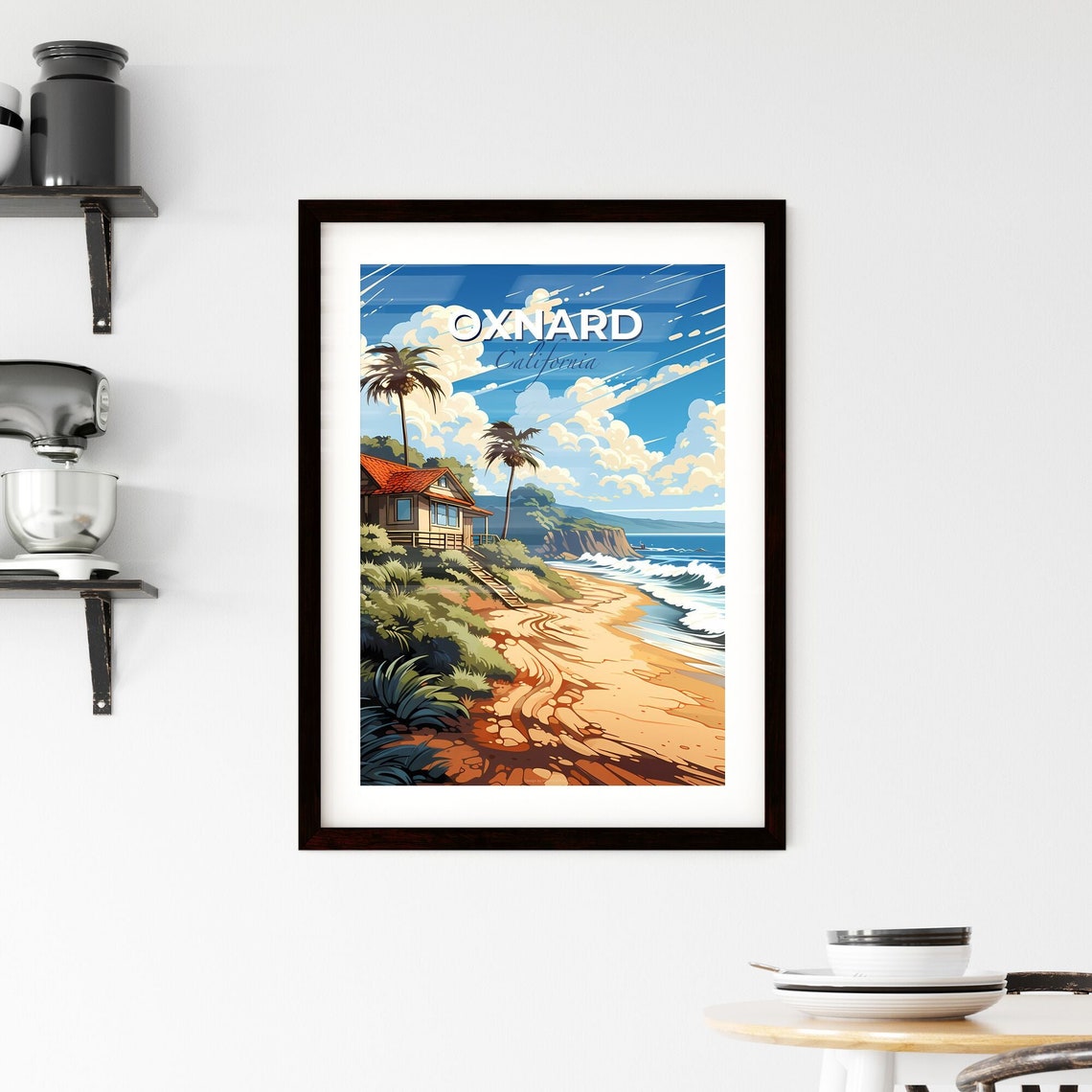 Oxnard California Beach Cottage Palm Trees Ocean Surf Travel Poster - Image 2