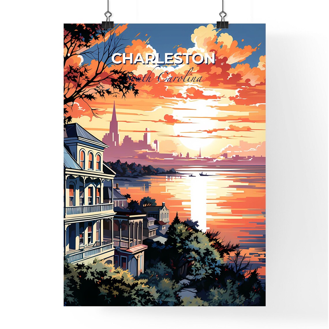 Charleston South Carolina Waterfront Sunset Sailboat Art Poster - Image 4
