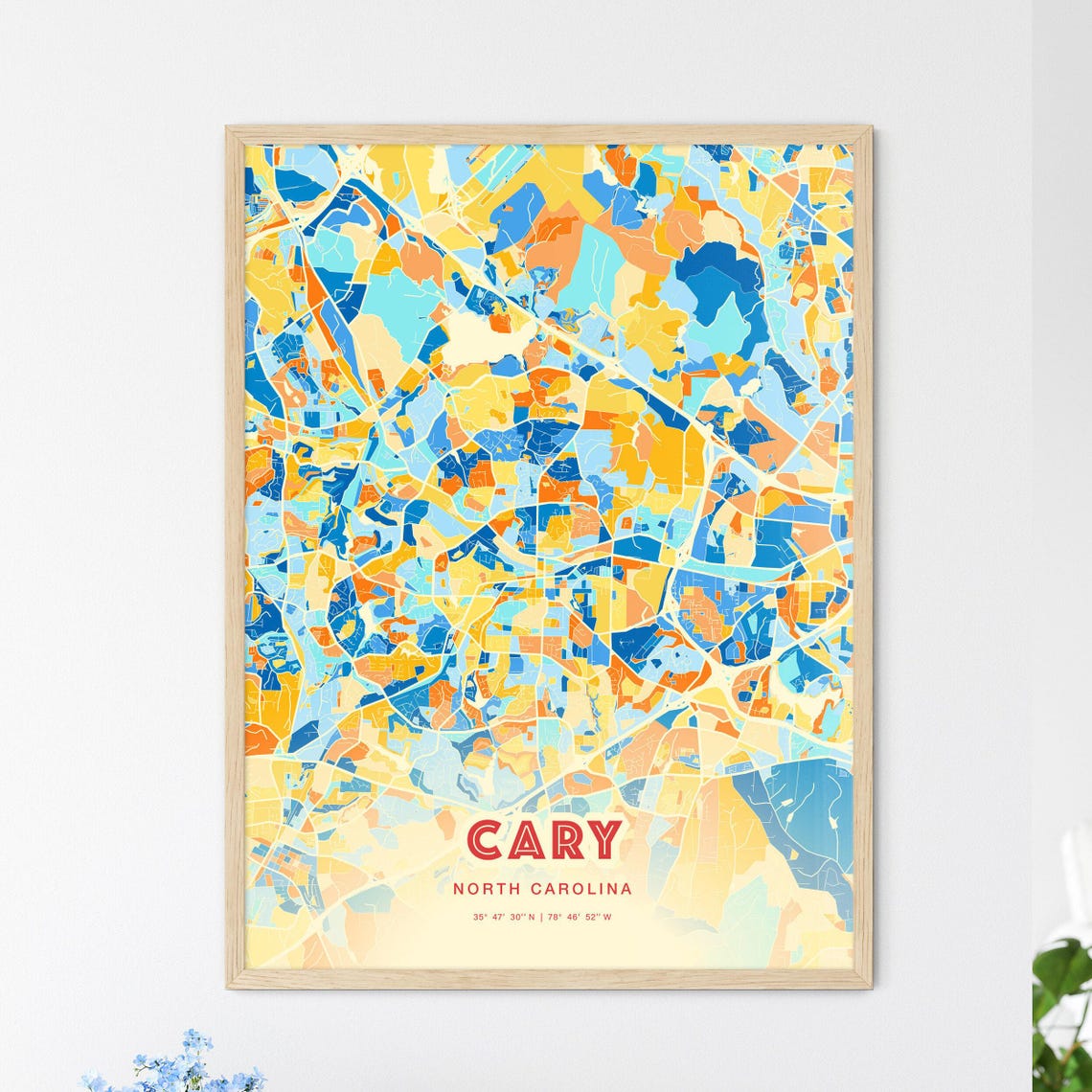 Cary North Carolina City Map Blue Orange Street Art Map Poster
