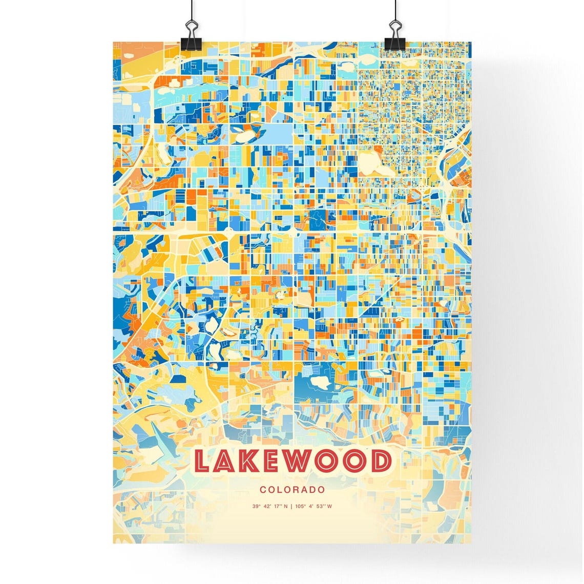 Lakewood Colorado Modern Geometric Blue Orange City Map Art Poster - Image 3