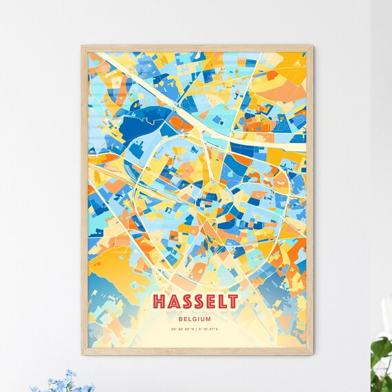 Hasselt Belgium Colorful City Map Art Poster Blue And Orange Ring Design