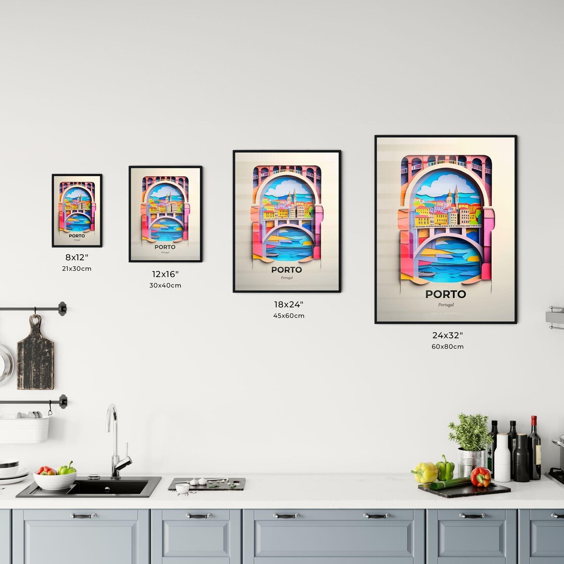 Porto Portugal Riverside Bridge Colorful Paper Cut Art Poster - Image 3