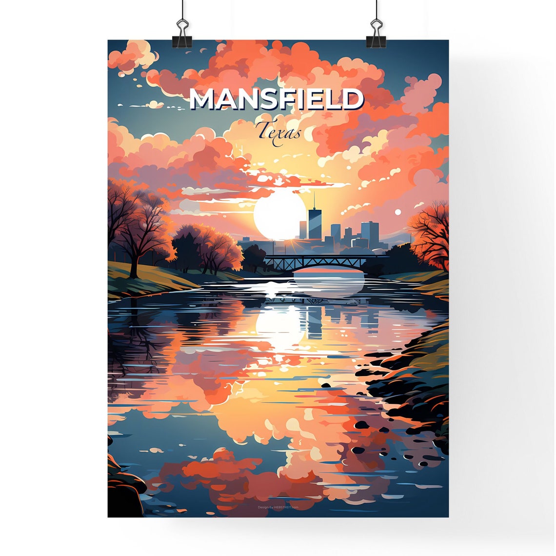 Mansfield Texas Sunset River Bridge Skyline Reflection Poster - Image 4