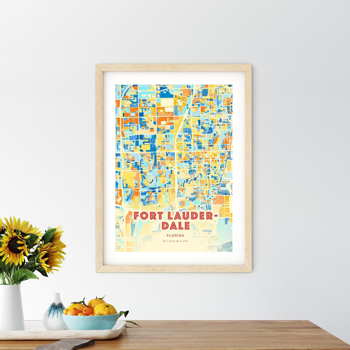 Fort Lauderdale Florida Vibrant Modern Blue Orange City Map Poster - Image 2