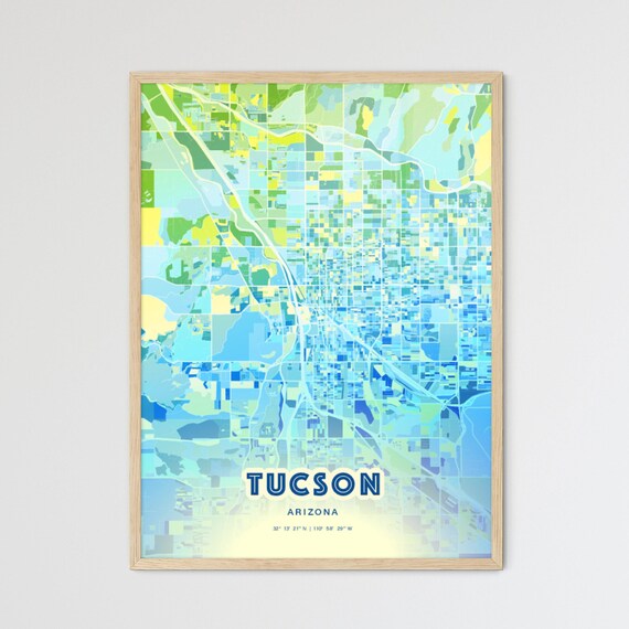 Tucson Arizona Bluish Watercolor Modern Decorative City Map Art Poster