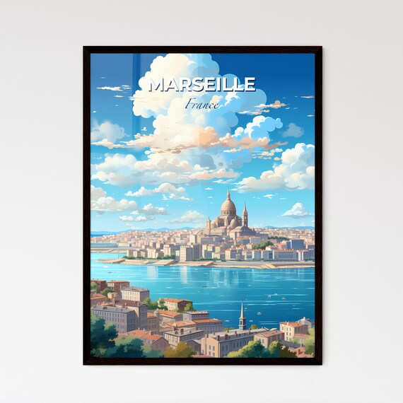 Marseille France Skyline Travel Poster Basilica Dome Harbor Waterfront View