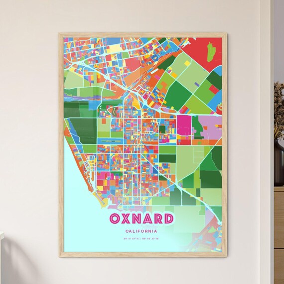 Oxnard California Bold Crazy Colorful Mosaic City Map Poster