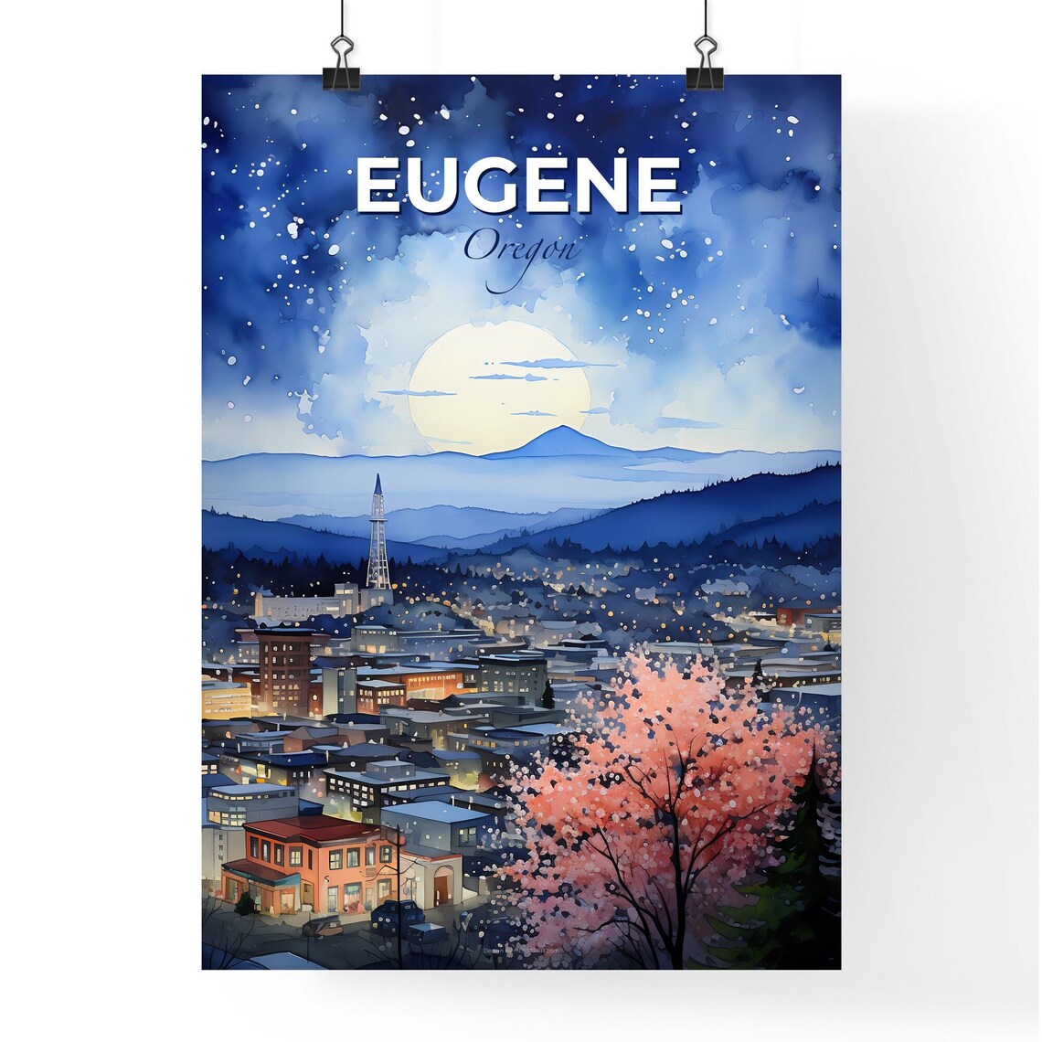 Eugene Oregon Moonlit Night Cityscape Mountain View Travel Poster - Image 4