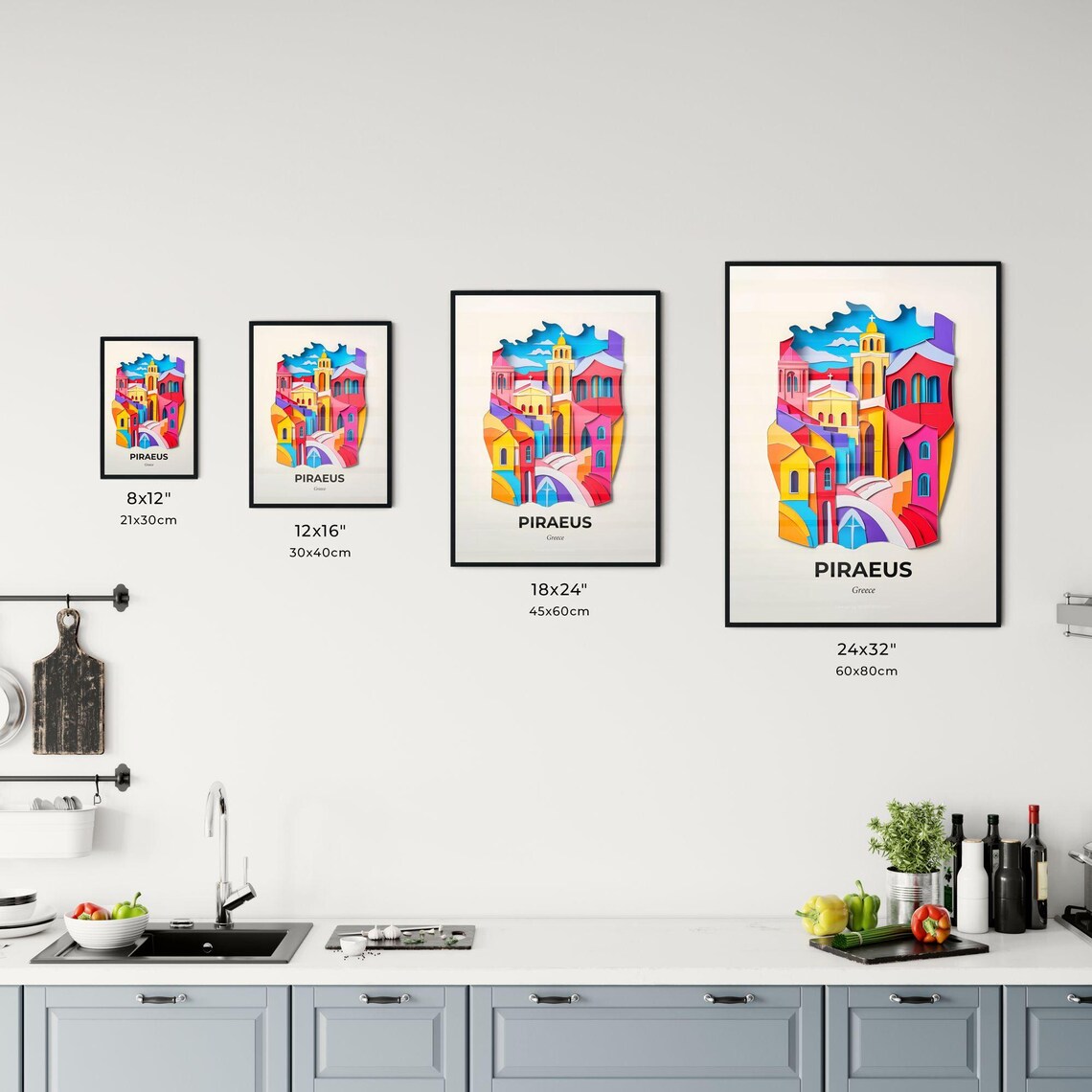 Piraeus Greece Colorful Paper Cut Church Town Travel Art Poster - Image 3