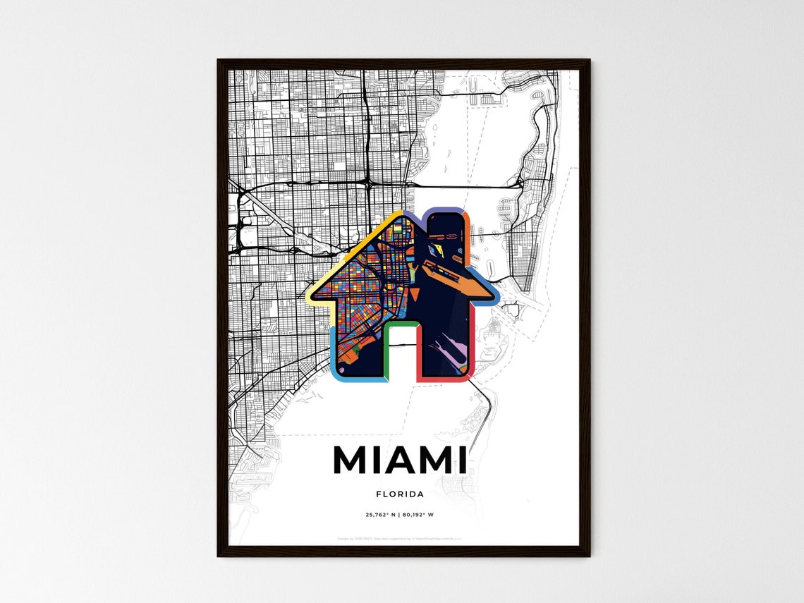 Miami Florida Minimal Map Art With Colorful Heart Icon Poster - Image 3