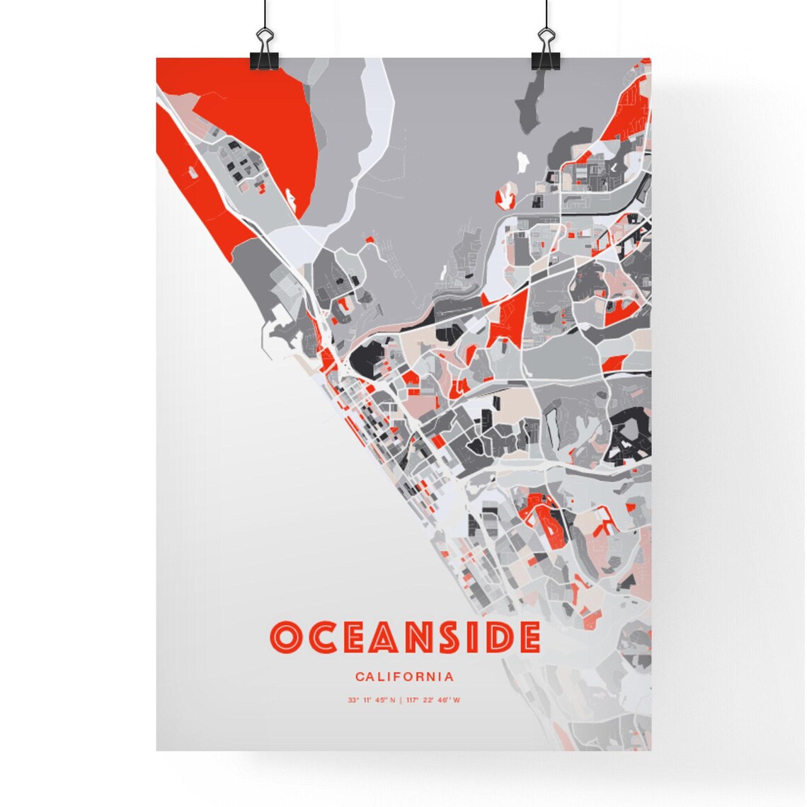 Oceanside California Expressive Red Abstract City Map Art Poster - Image 3